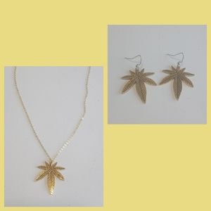 Gold Plated Pot Leaf Necklace & Earrings Set